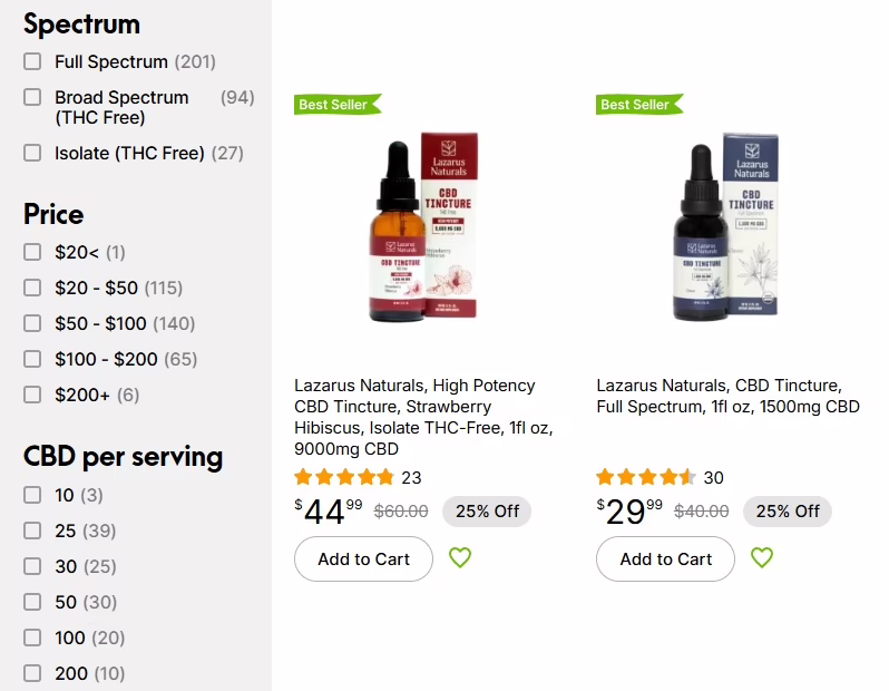 At CBD.market, you can easily filter and choose CBD tinctures that fit your needs.