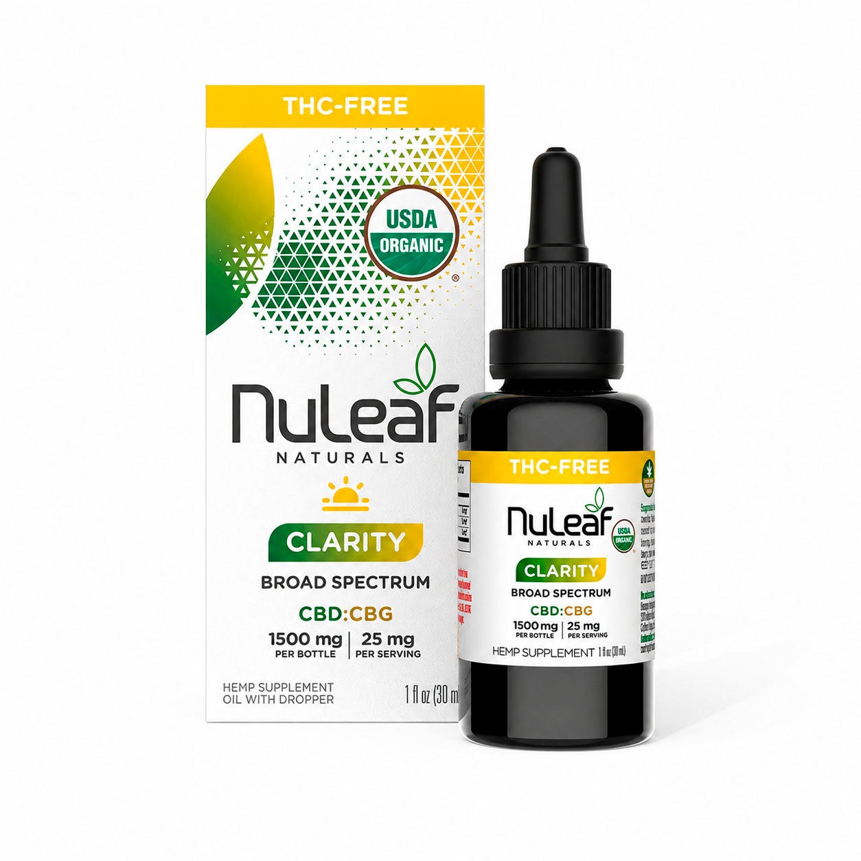 NuLeaf Naturals, Clarity CBD+CBG Oil, Broad Spectrum THC-Free, 1fl oz, 500mg CBG + 1000mg CBD