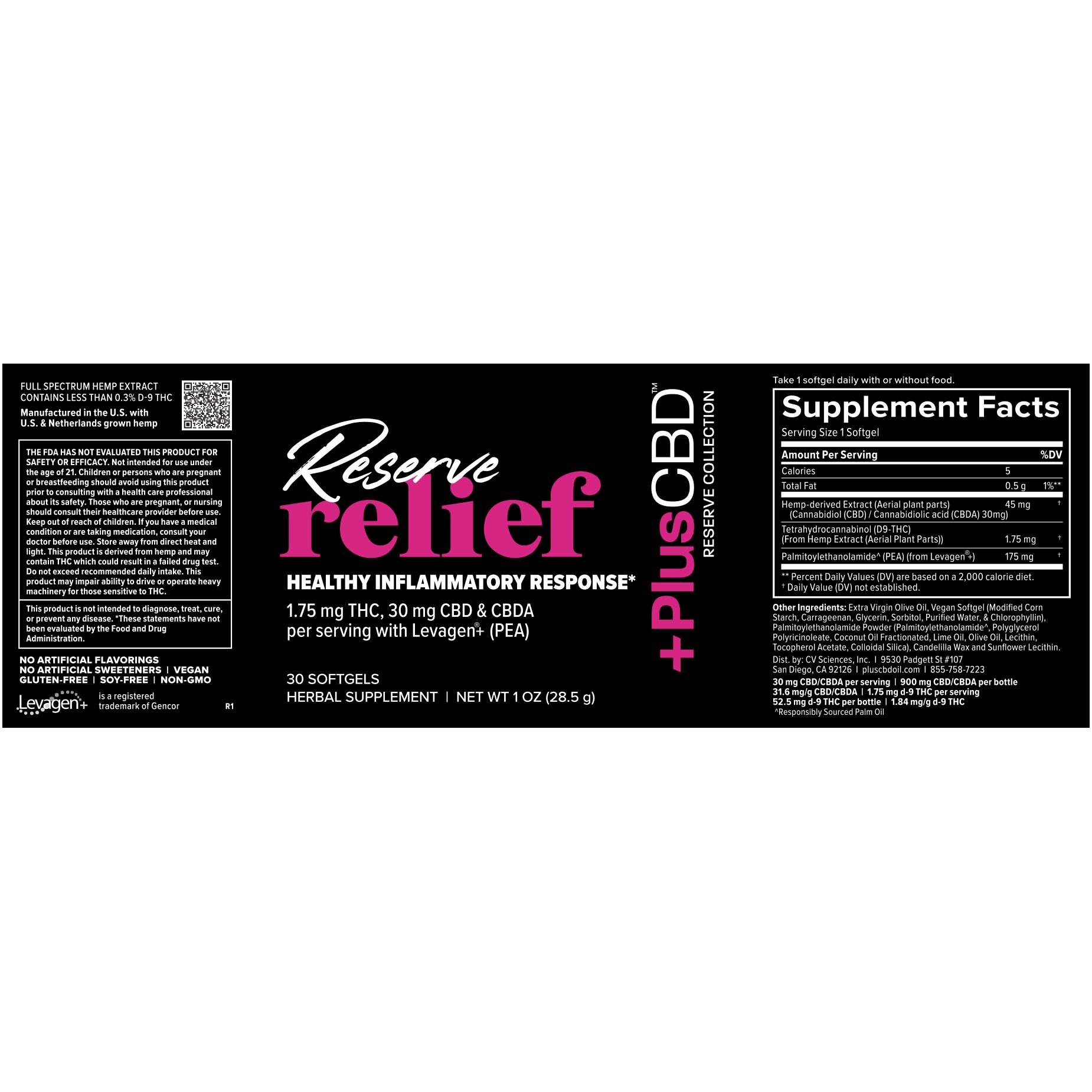 PlusCBD, Reserve Relief 1.75mg THC + 30mg CBDA+CBD Softgels, Full Spectrum, 30ct, 52.5mg THC + 900mg CBDA+CBD