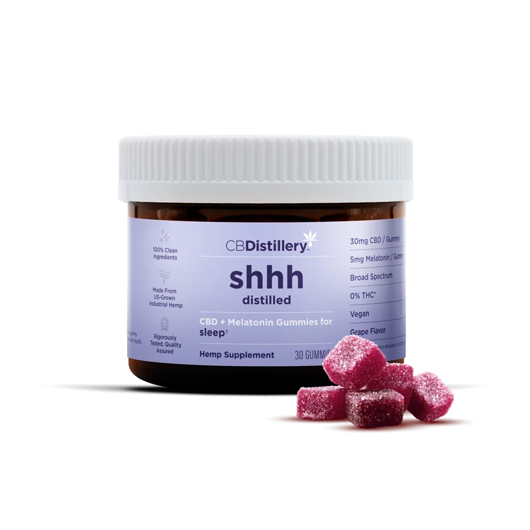 CBDistillery, Shhh Distilled CBD Gummies + Melatonin for Sleep, Grape, Broad Spectrum THC-Free, 30ct, 900mg CBD