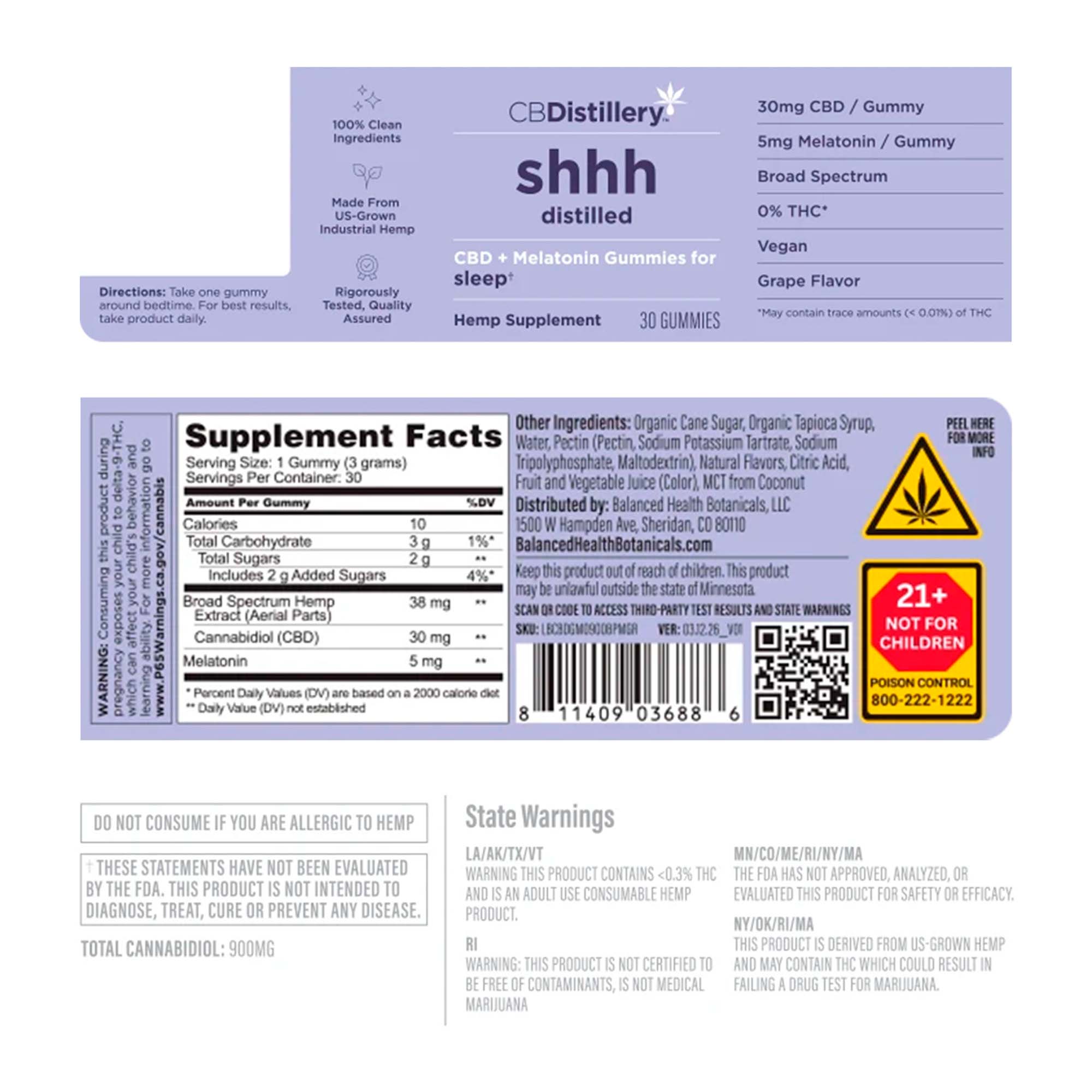 CBDistillery, Shhh Distilled CBD Gummies + Melatonin for Sleep, Grape, Broad Spectrum THC-Free, 30ct, 900mg CBD