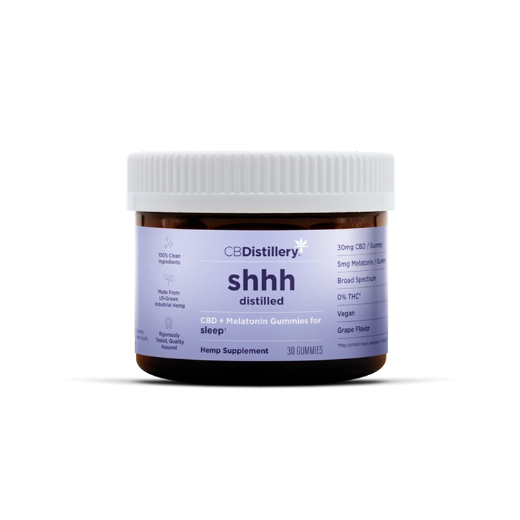 CBDistillery, Shhh Distilled CBD Gummies + Melatonin for Sleep, Grape, Broad Spectrum THC-Free, 30ct, 900mg CBD