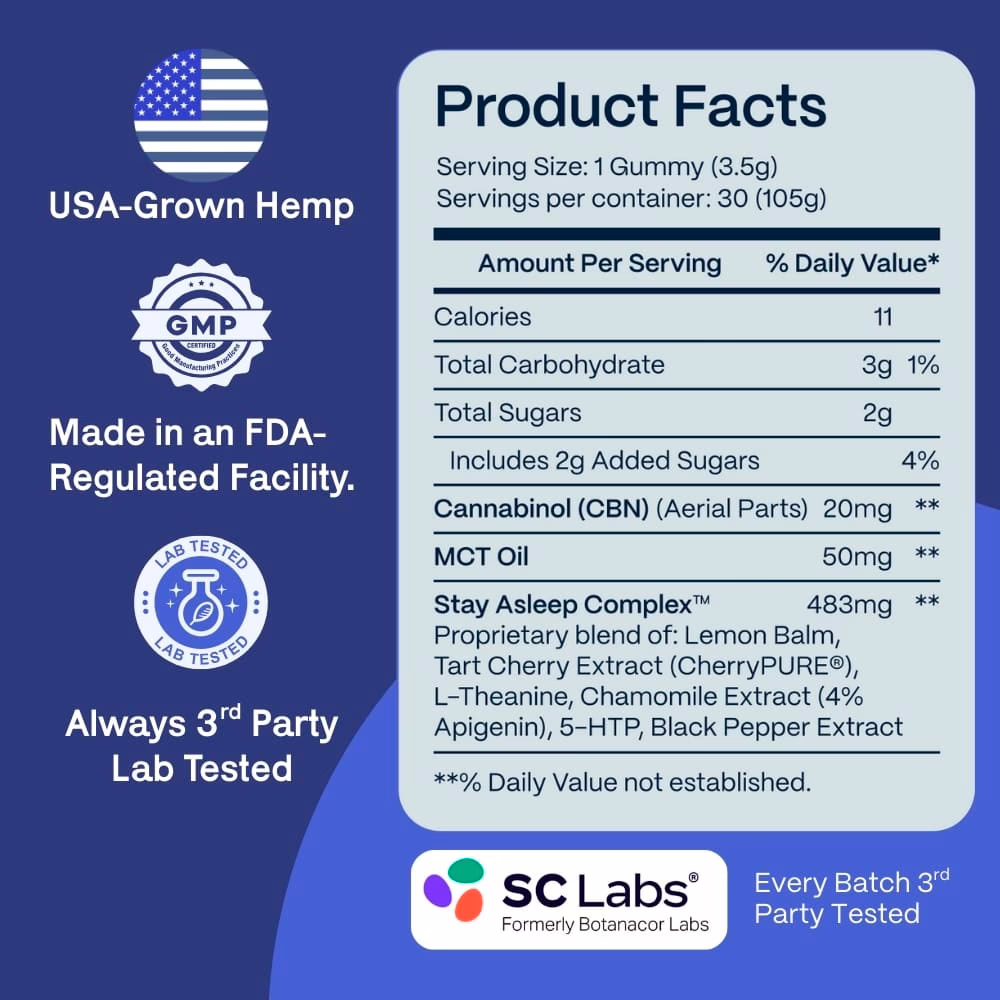 Slumber, Pure Sleep CBN Gummies, Vanilla Blueberry, Isolate THC-Free, 30ct, 600mg CBN