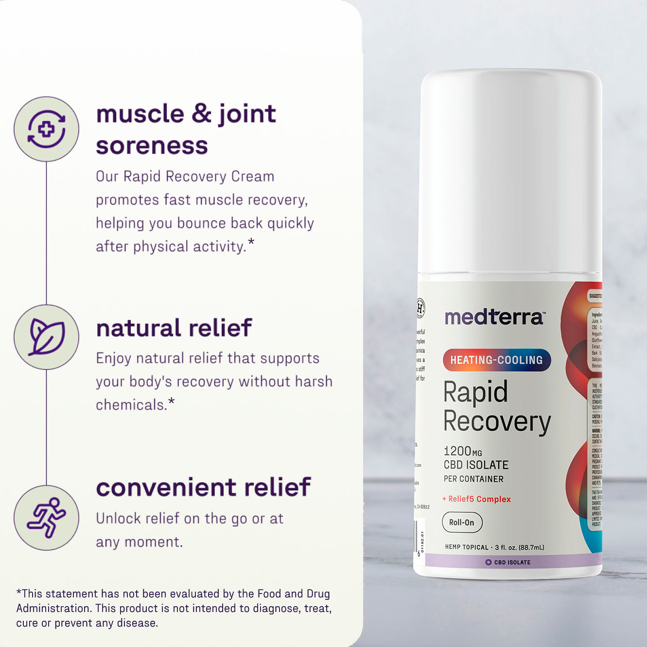 Medterra, Heating-Cooling Rapid Recovery CBD Roll On, Isolate THC-Free, 3fl oz, 1200mg CBD