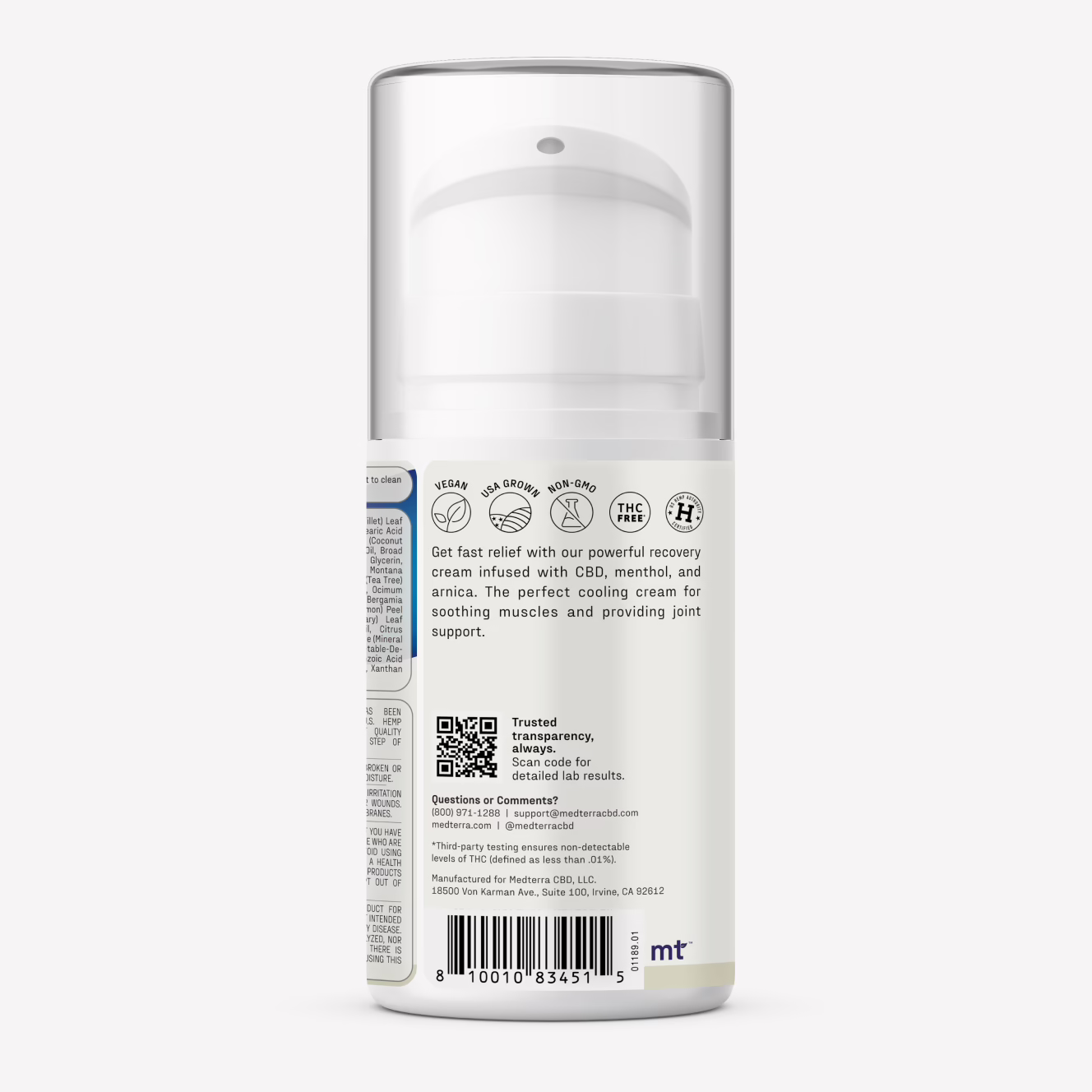 Medterra, Cooling Rapid Recovery CBD Cream, Broad Spectrum THC-Free, 3.4fl oz, 2000mg CBD
