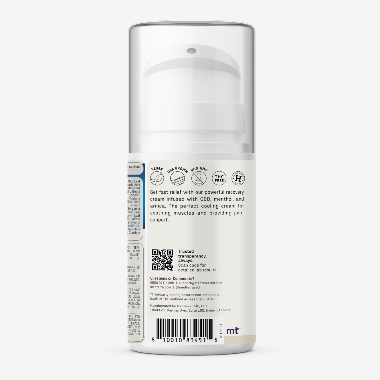 Medterra, Cooling Rapid Recovery CBD Cream, Broad Spectrum THC-Free, 3.4fl oz, 2000mg CBD