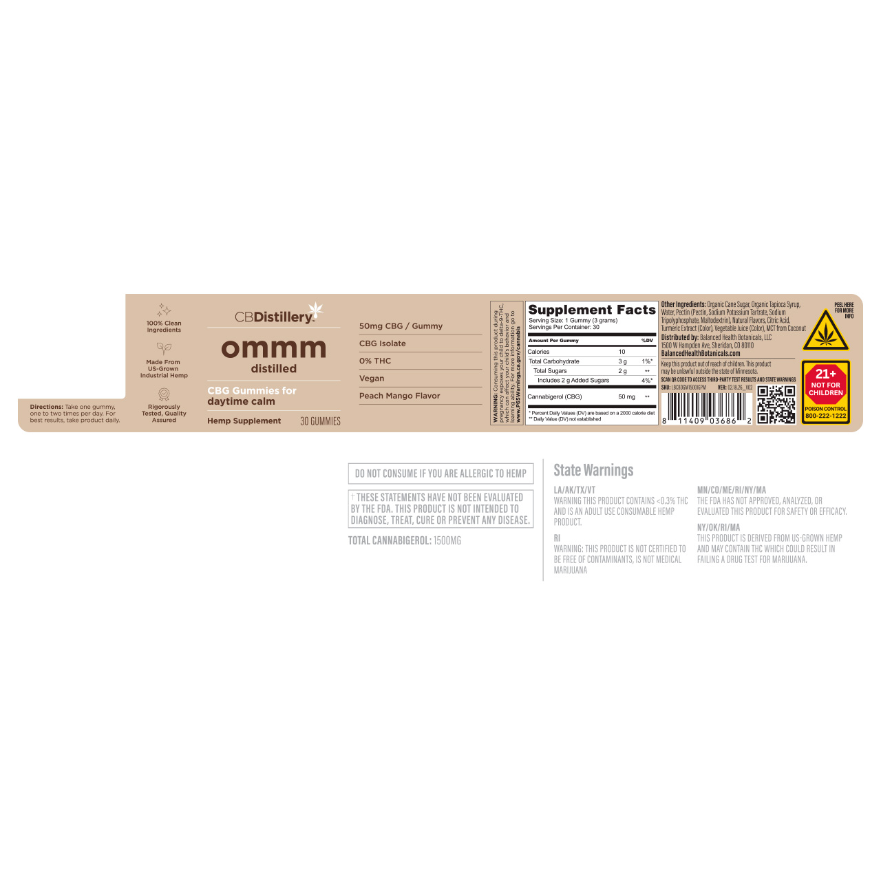 CBDistillery, Omm Distilled CBG Gummies for Daytime Calm, Peach Mango, Isolate THC-Free, 30ct, 1500mg CBG