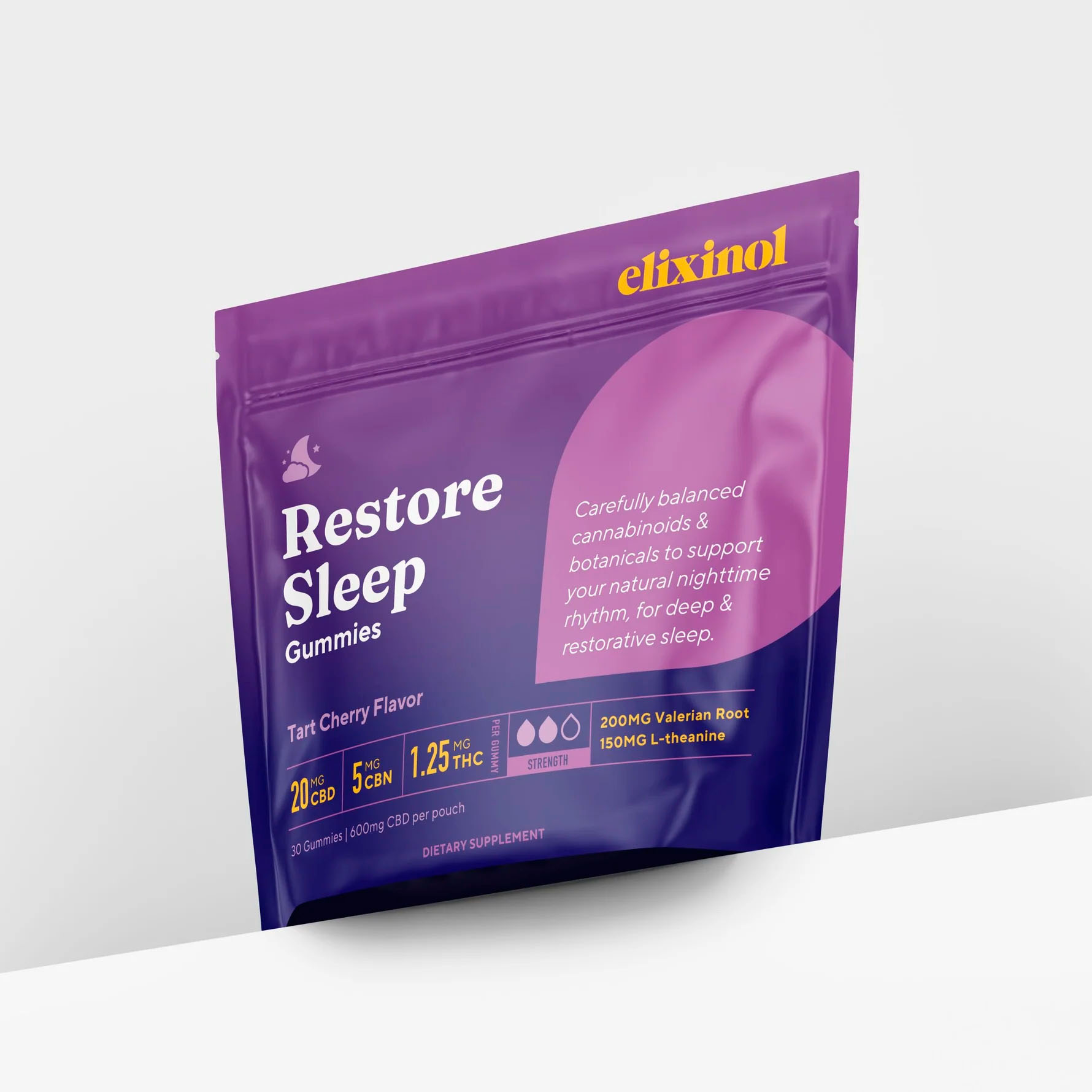 Elixinol, Restore Sleep THC + CBN + CBD Gummies, Tart Cherry, Full Spectrum, 30ct, 45mg THC + 150mg CBN + 600mg CBD