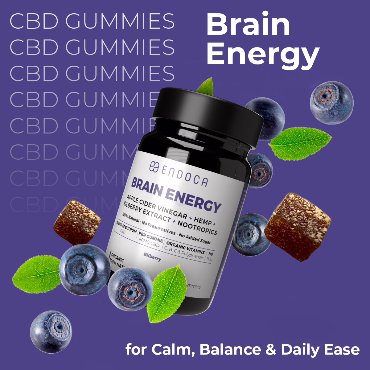 Endoca, Brain Energy CBD Gummies, Bilberry, Broad Spectrum THC-Free, 30ct, 1200mg CBD