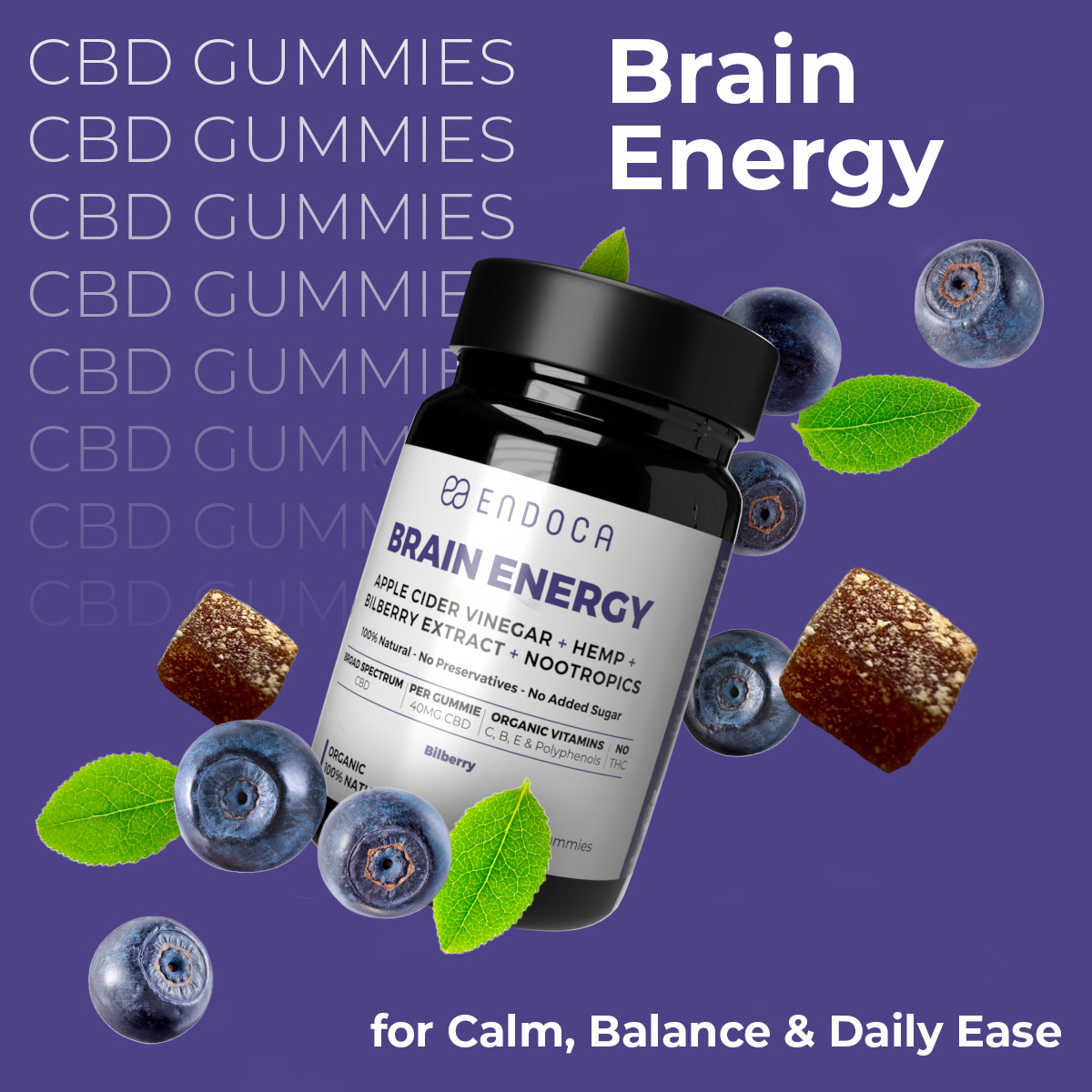 Endoca, Brain Energy CBD Gummies, Bilberry, Broad Spectrum THC-Free, 30ct, 1200mg CBD