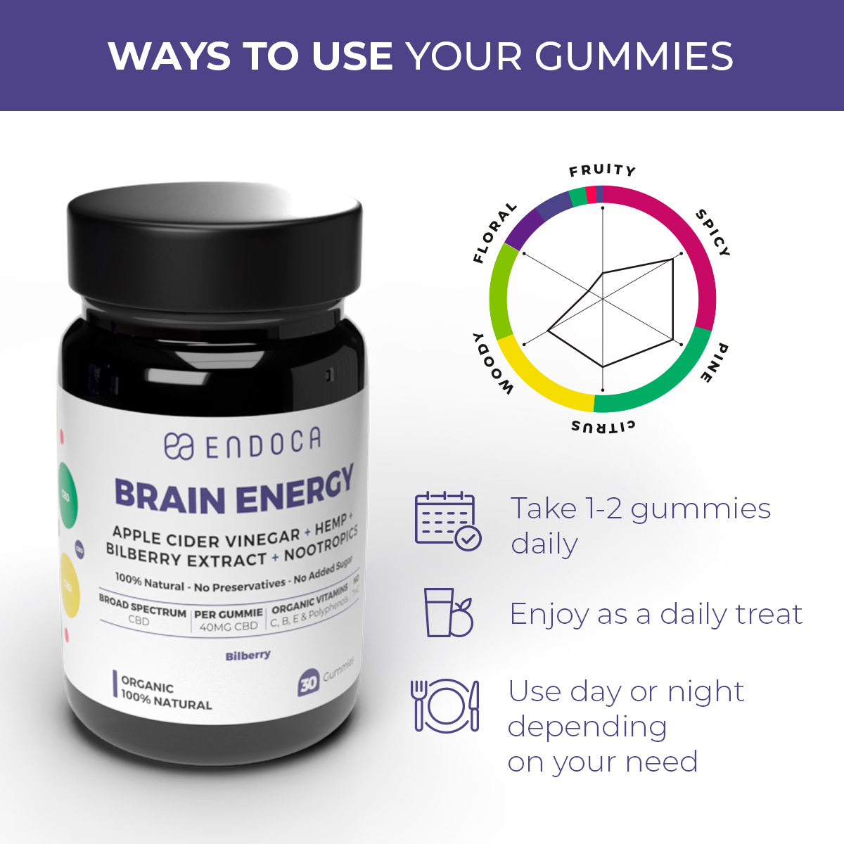Endoca, Brain Energy CBD Gummies, Bilberry, Broad Spectrum THC-Free, 30ct, 1200mg CBD