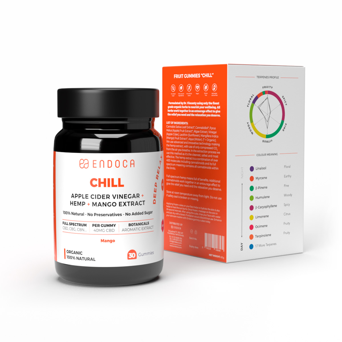 Endoca, Chill CBD Gummies, Mango, Full Spectrum, 30ct, 1200mg CBD