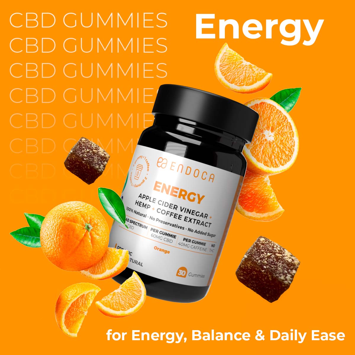 Endoca, Energy CBD Gummies, Orange, Broad Spectrum THC-Free, 30ct, 1200mg CBD