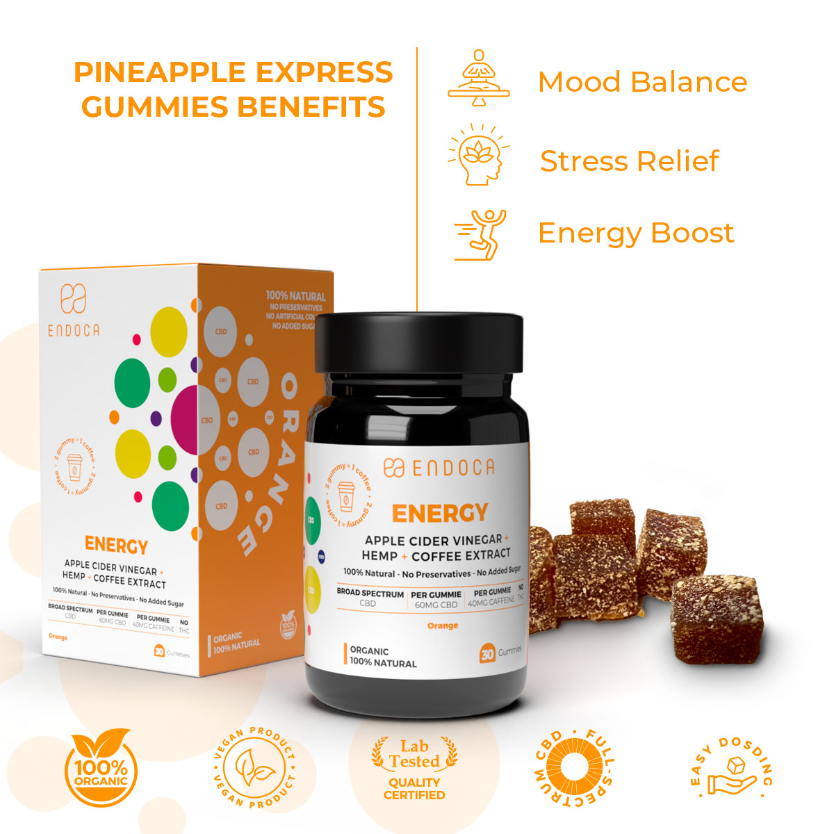 Endoca, Energy CBD Gummies, Orange, Broad Spectrum THC-Free, 30ct, 1200mg CBD