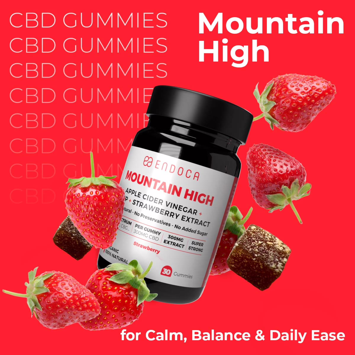 Endoca, Mountain High, CBD Gummies, Strawberry, Full Spectrum, 30ct, 1200mg CBD