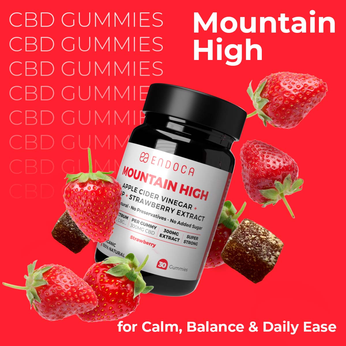 Endoca, Mountain High, CBD Gummies, Strawberry, Full Spectrum, 30ct, 1200mg CBD