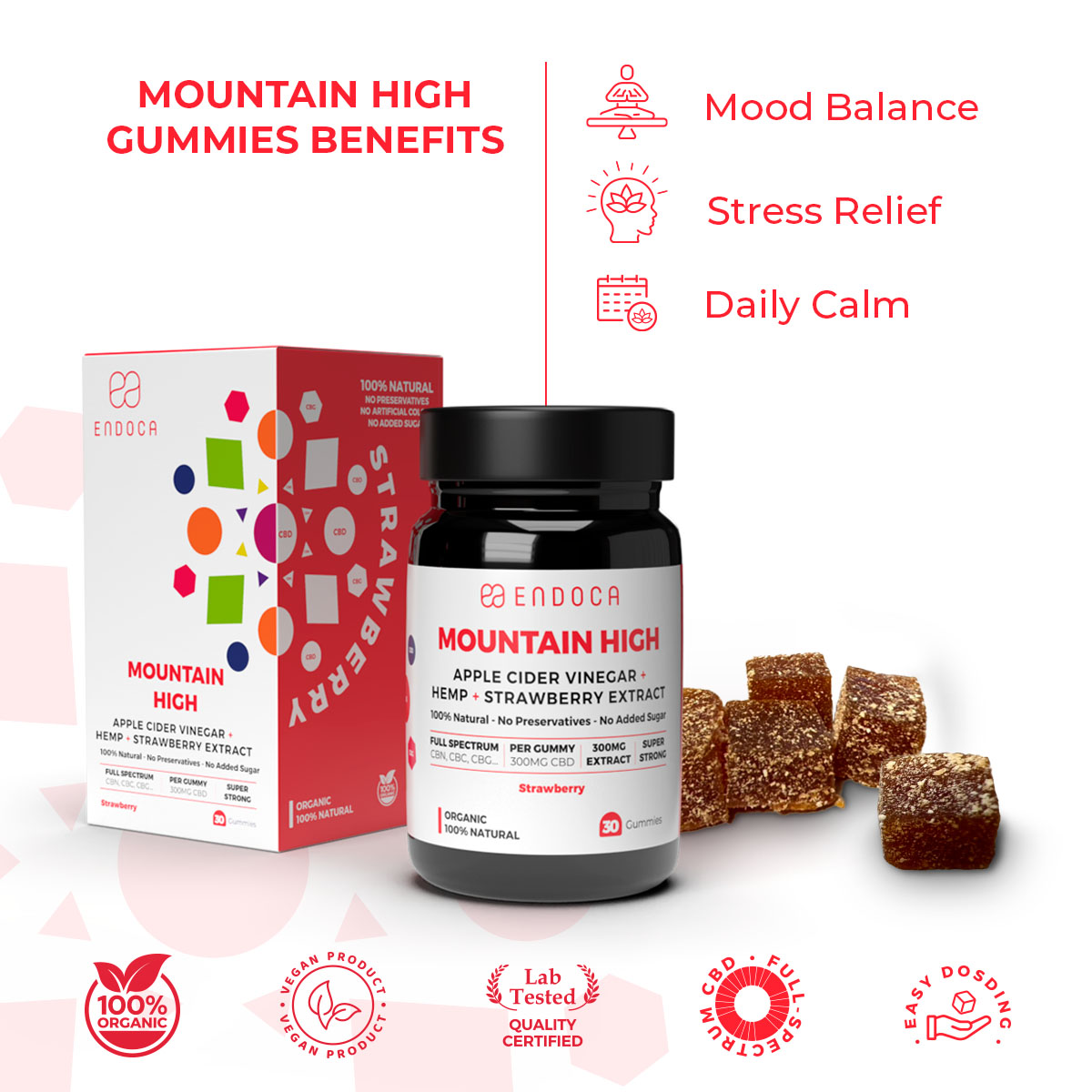 Endoca, Mountain High, CBD Gummies, Strawberry, Full Spectrum, 30ct, 1200mg CBD