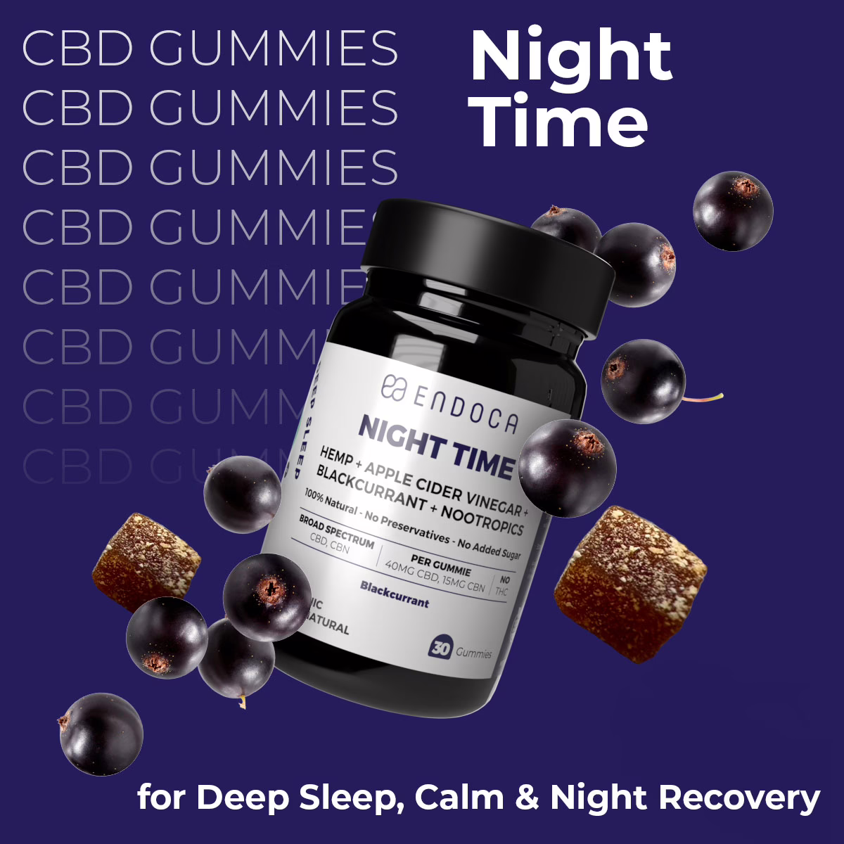 Endoca, Night Time CBD Gummies, Blackcurrant, Broad Spectrum THC-Free, 30ct, 1200mg CBD