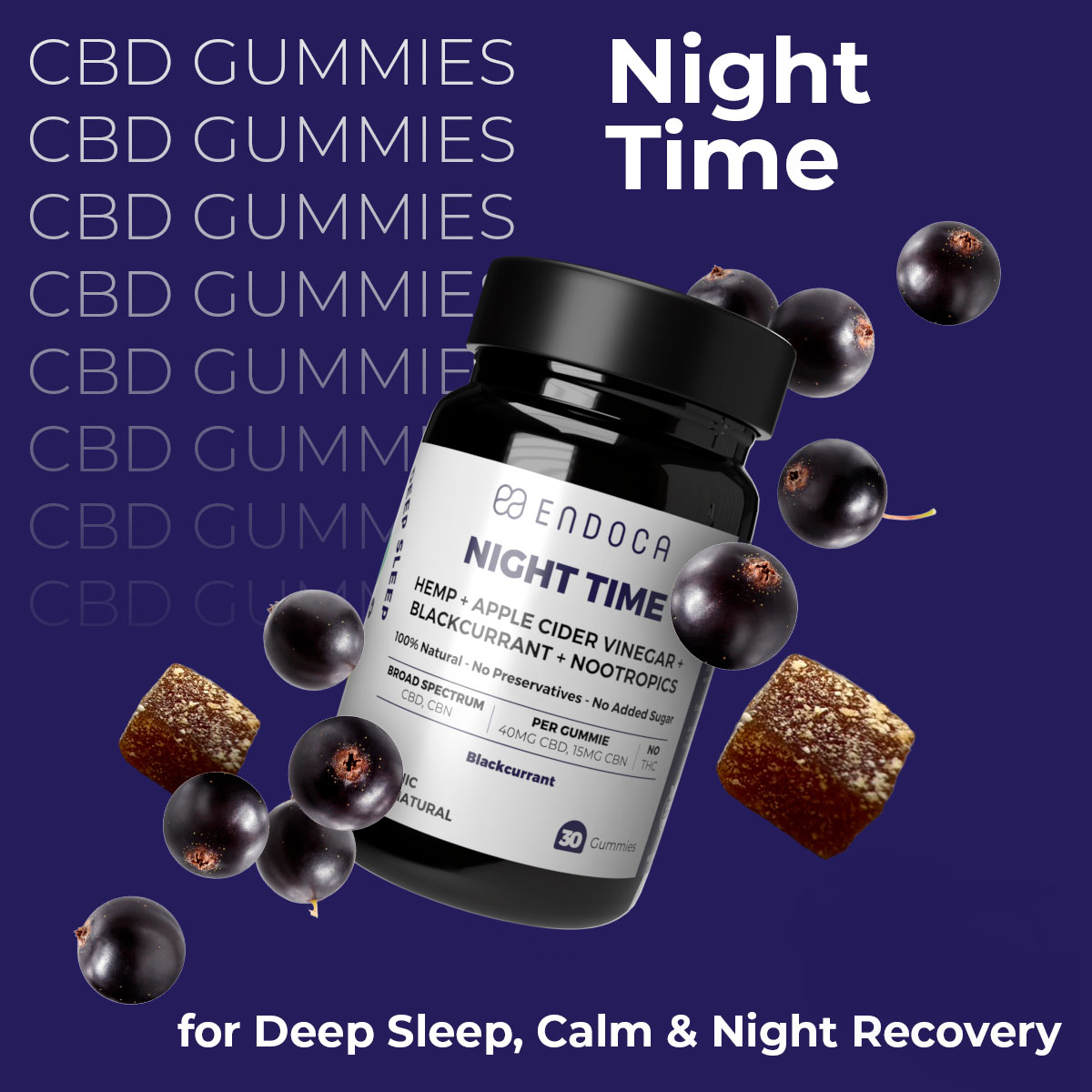 Endoca, Night Time CBD Gummies, Blackcurrant, Broad Spectrum THC-Free, 30ct, 450mg CBN + 1200mg CBD 1