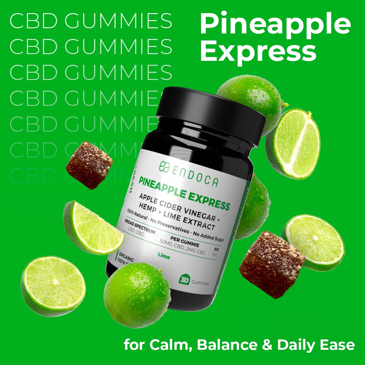 Endoca, Pineapple Express CBD Gummies, Lime, Broad Spectrum THC-Free, 30ct, 1200mg CBD