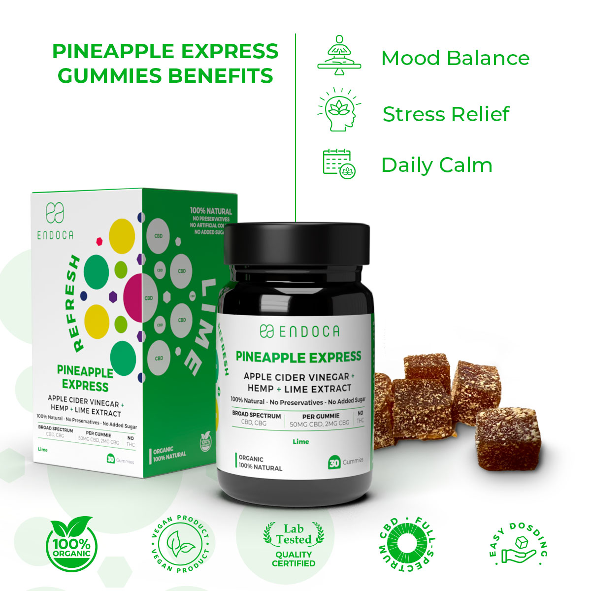 Endoca, Pineapple Express CBD Gummies, Lime, Broad Spectrum THC-Free, 30ct, 1200mg CBD