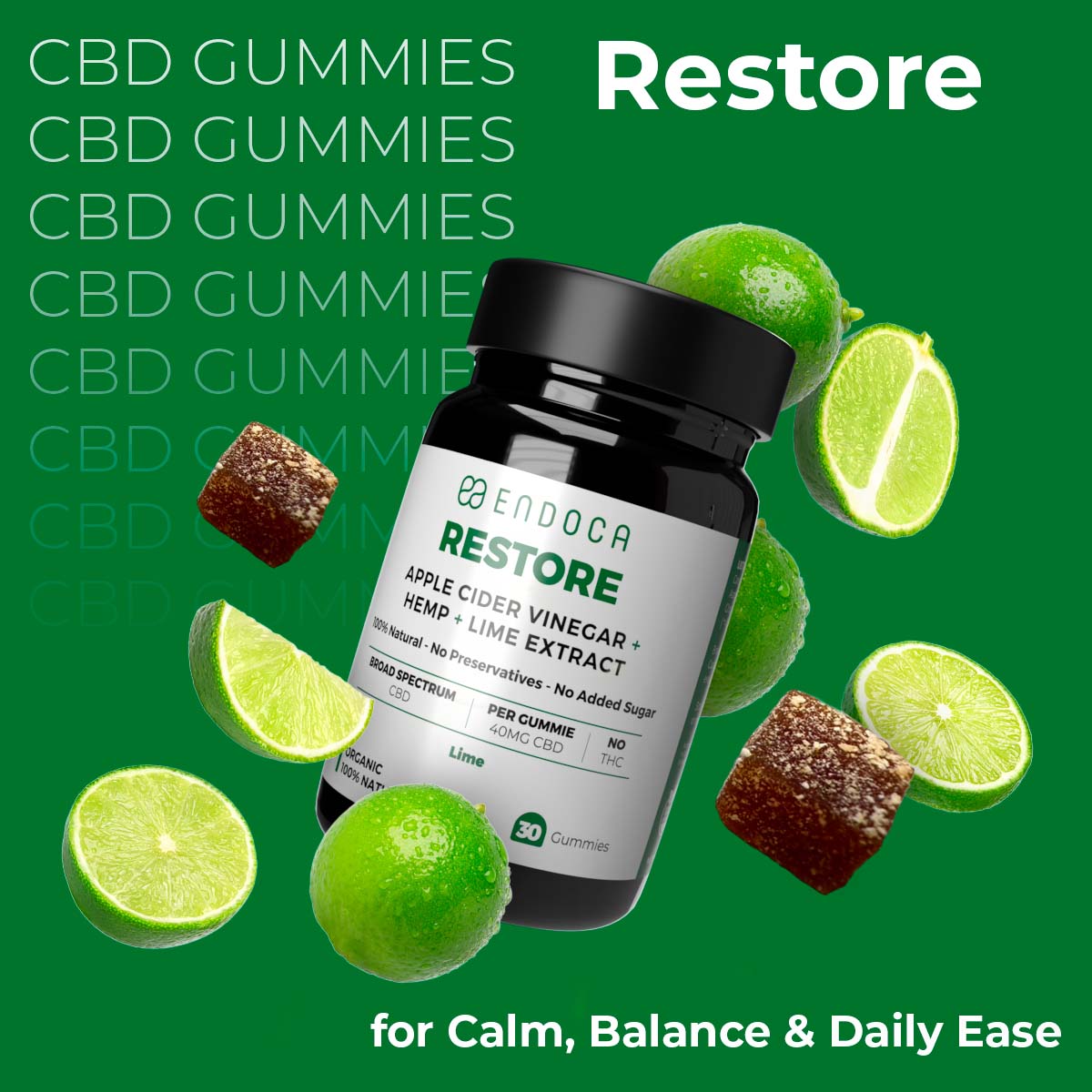 Endoca, Restore CBD Gummies, Lime, Broad Spectrum THC-Free, 30ct, 1200mg CBD