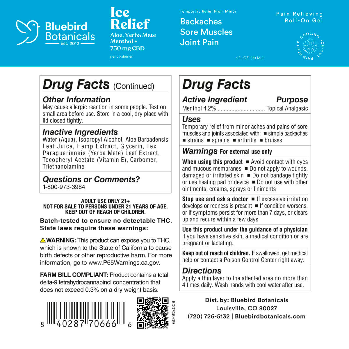 Bluebird Botanicals, Ice Relief CBD Roll-On, Broad Spectrum THC-Free, 3fl oz, 750mg CBD