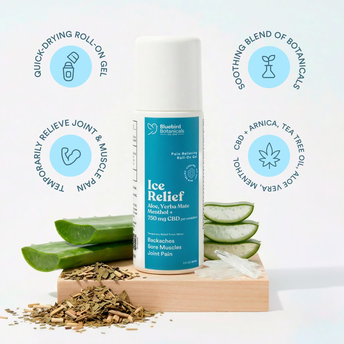 Bluebird Botanicals, Ice Relief CBD Roll-On, Broad Spectrum THC-Free, 3fl oz, 750mg CBD