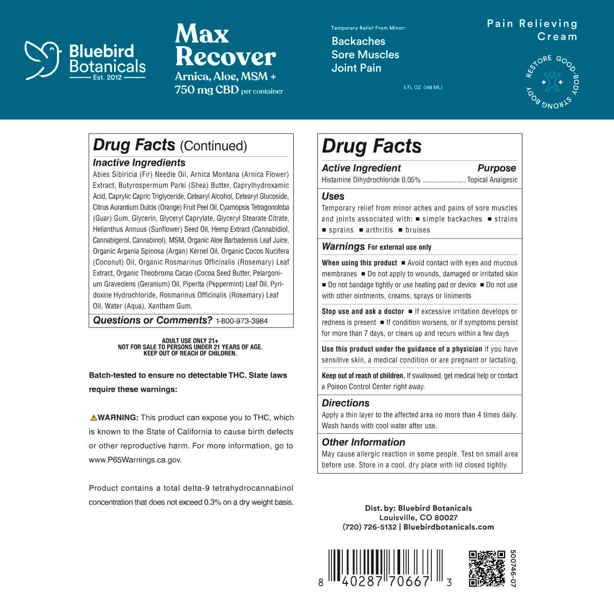 Bluebird Botanicals, Max Recover CBD Cream, Broad Spectrum THC-Free, 5fl oz, 750mg CBD