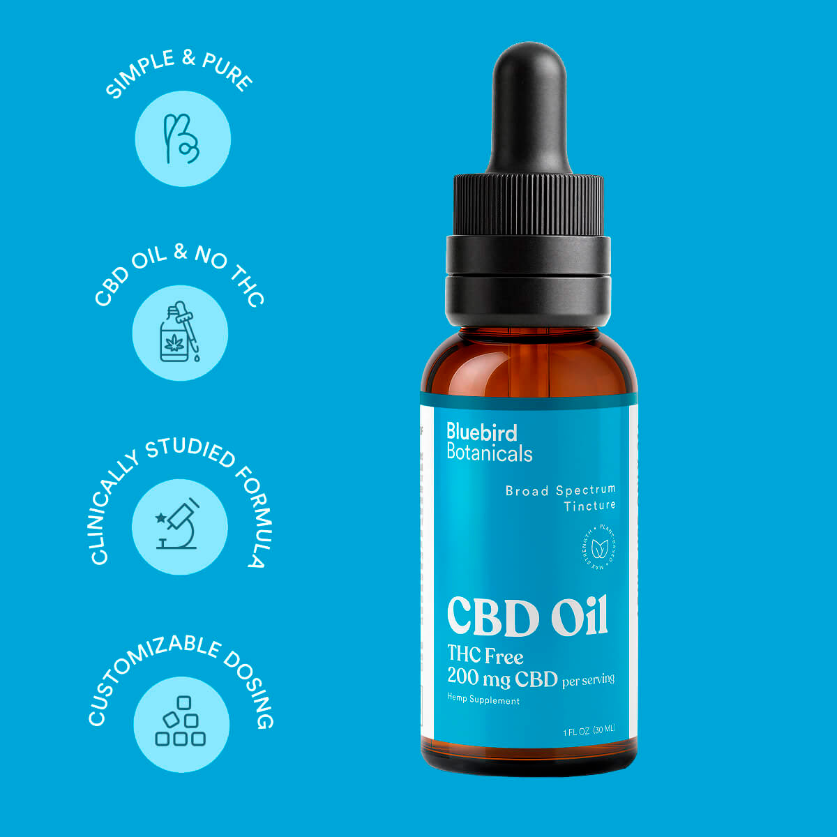 Bluebird Botanicals, Max Strength CBD Oil 200mg, Broad Spectrum THC-Free, 1fl oz, 6000mg CBD