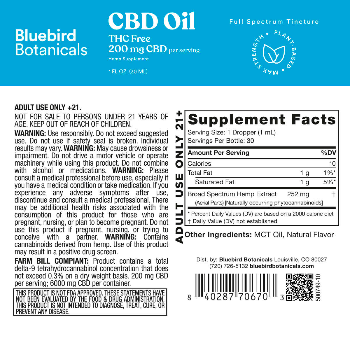 Bluebird Botanicals, Max Strength CBD Oil 200mg, Broad Spectrum THC-Free, 1fl oz, 6000mg CBD