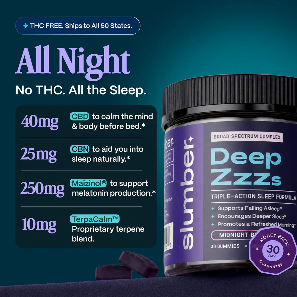 Slumber, Deep Zzzs CBD+CBN Gummies, Midnight Berry, Broad Spectrum THC-Free, 30ct, 750mg CBN + 1200mg CBD