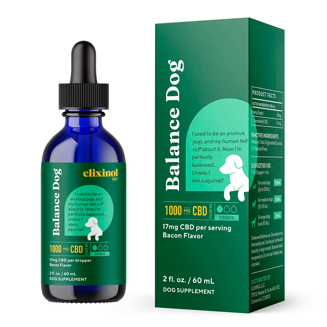 Elixinol, Balance Dog CBD Oil, Bacon, Broad Spectrum THC-Free, 2fl oz, 1000mg CBD