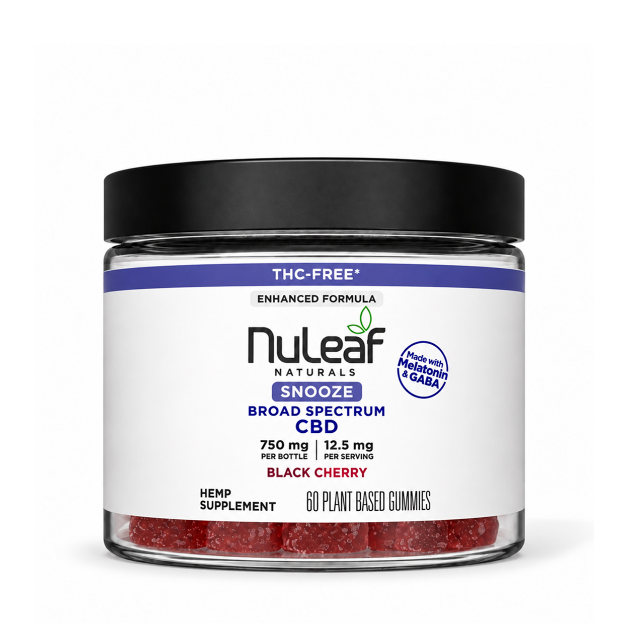 NuLeaf Naturals, Snooze Melatonin CBD Gummies, Black Cherry, Broad Spectrum THC-Free, 60ct, 750mg CBD