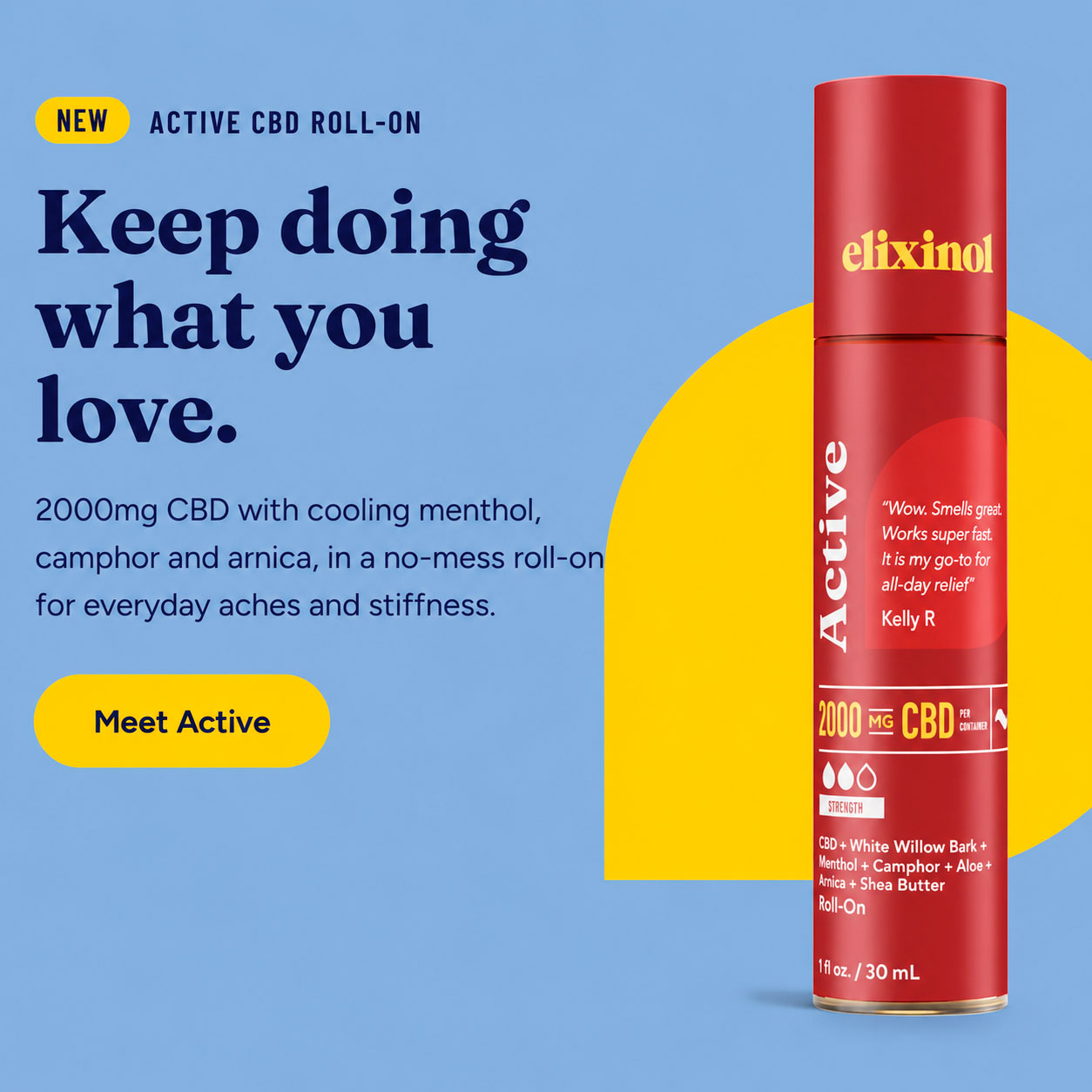 Elixinol, Active CBD Roll-on, Broad Spectrum THC-Free, 1fl oz, 2000mg CBD