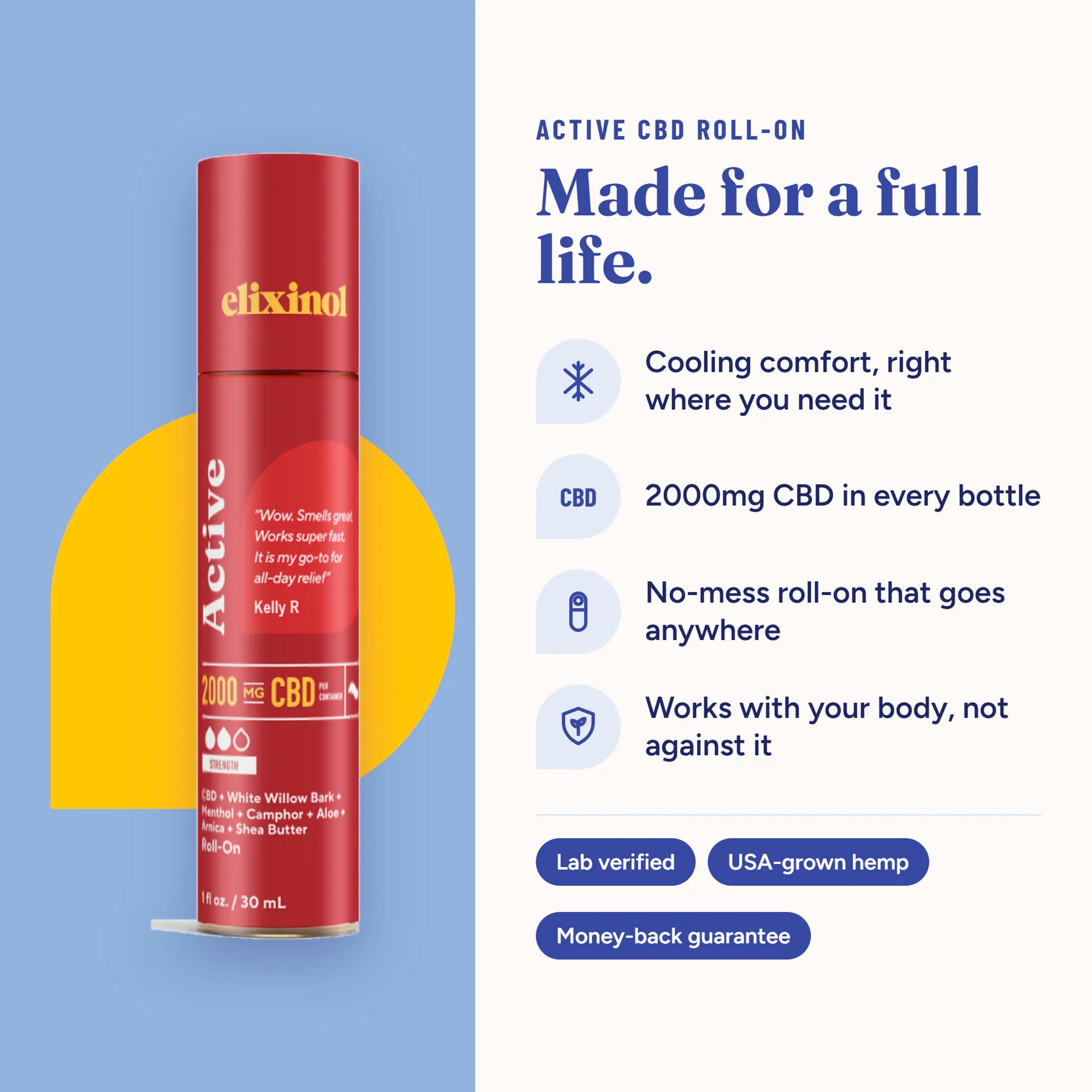 Elixinol, Active CBD Roll-on, Broad Spectrum THC-Free, 1fl oz, 2000mg CBD
