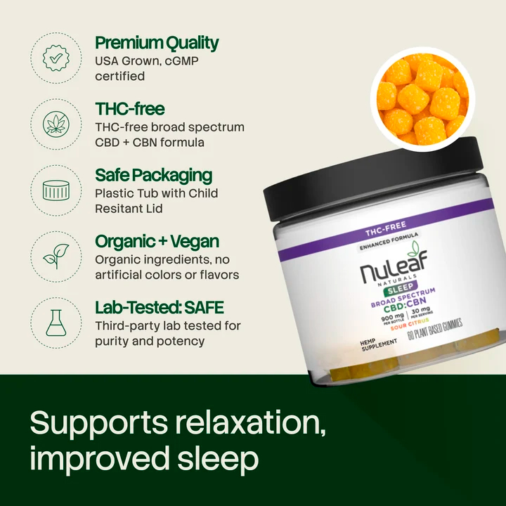 Nuleaf Naturals, CBN, CBD Gummies, Sour Citrus, Broad Spectrum THC-Free, 60ct, 300mg CBN + 600mg CBD
