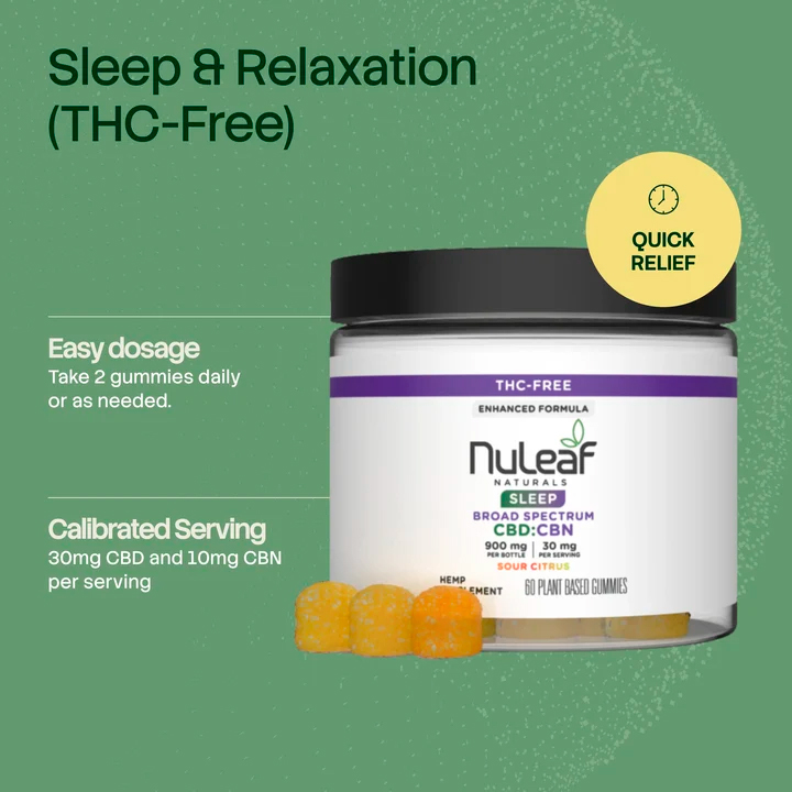Nuleaf Naturals, CBN, CBD Gummies, Sour Citrus, Broad Spectrum THC-Free, 60ct, 300mg CBN + 600mg CBD
